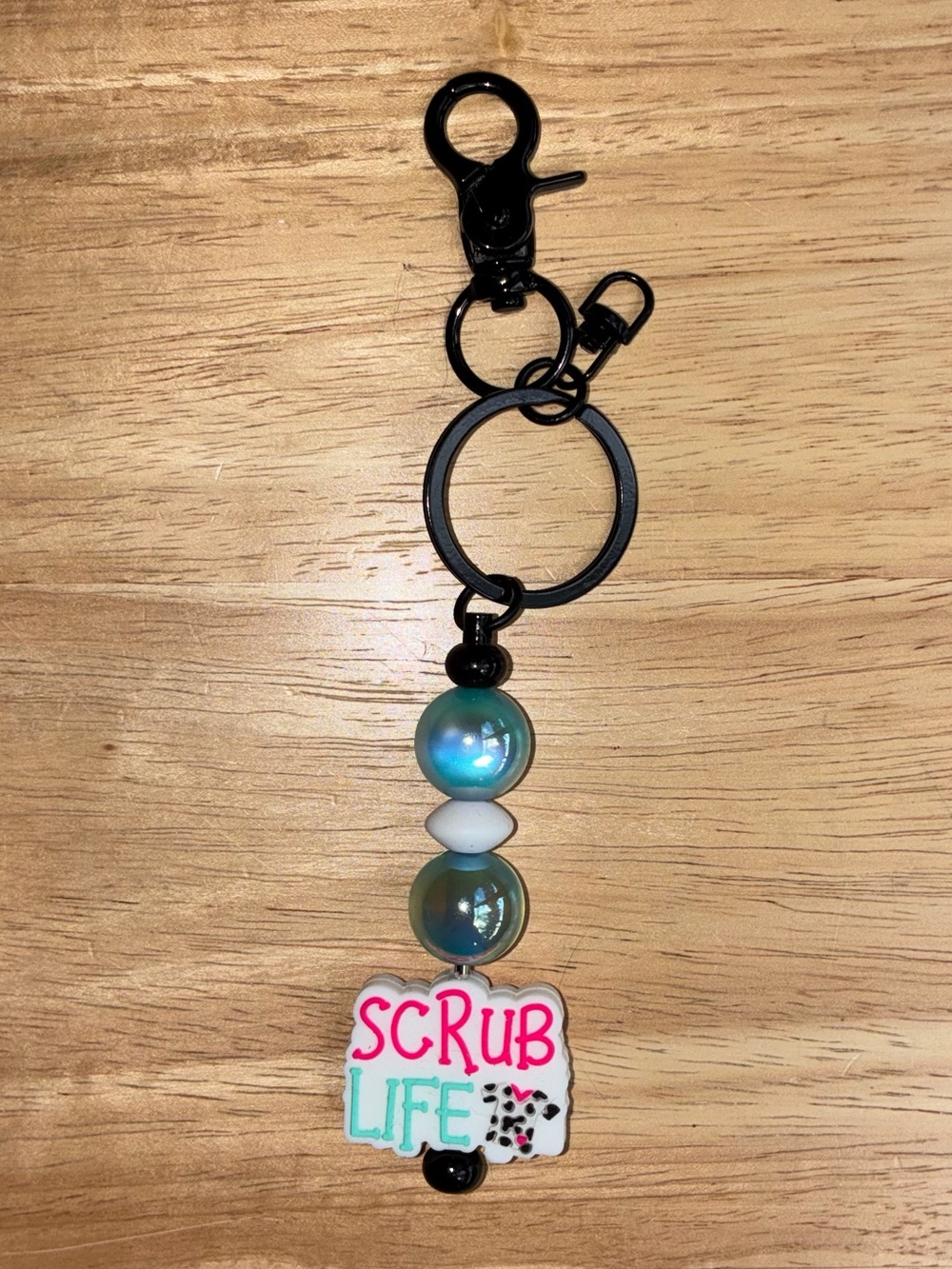 Scrub Life Beaded Keychain with Blue Iridescent Beads